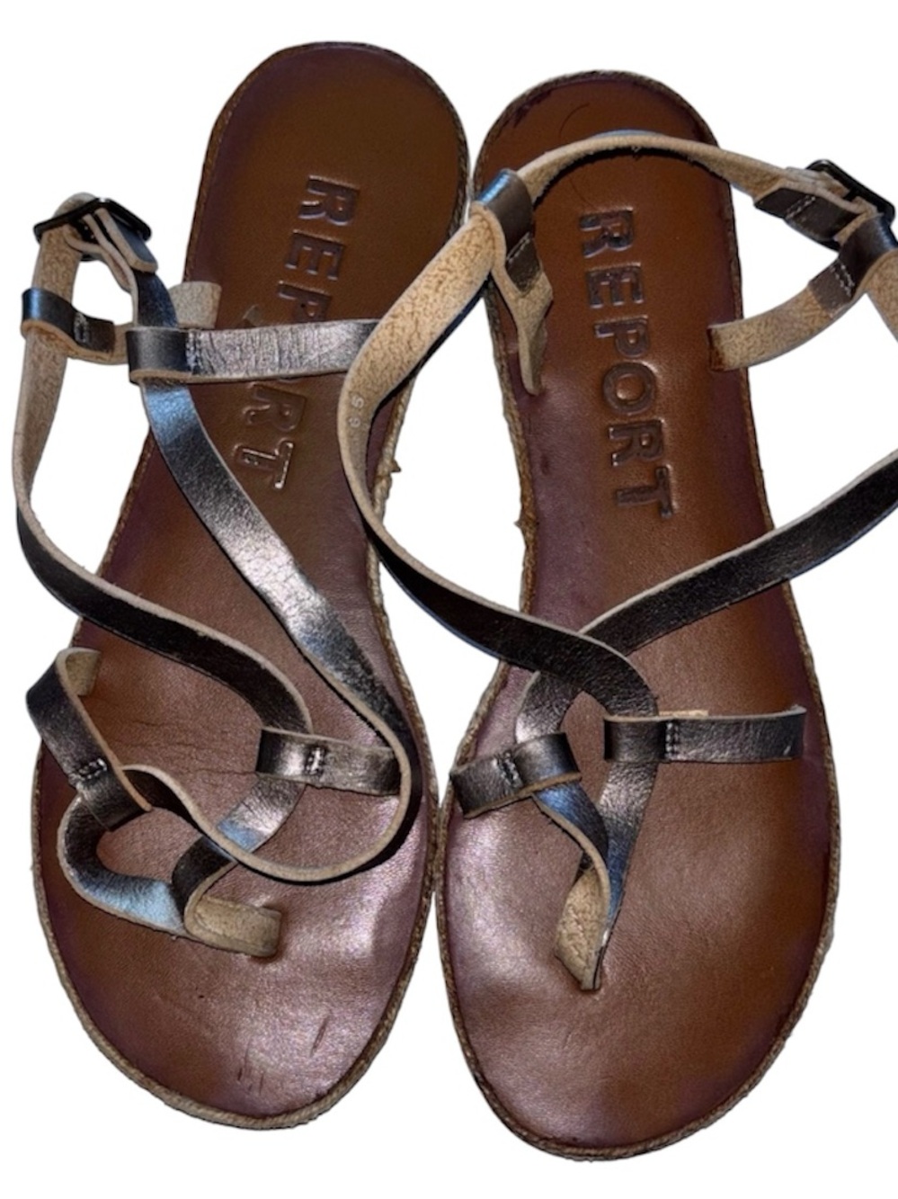 Report Metallic Taupe Strappy Sandals with Brown Footbed